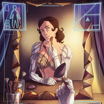 A women with white mechanical arms and drk brown hair looks at herself in a mirror while applying makeup with a fluffy brush. She is wearing a gold bra with a geometric patterned fabric and a listening wire taped to her skin. A Heads Up Display is visible
