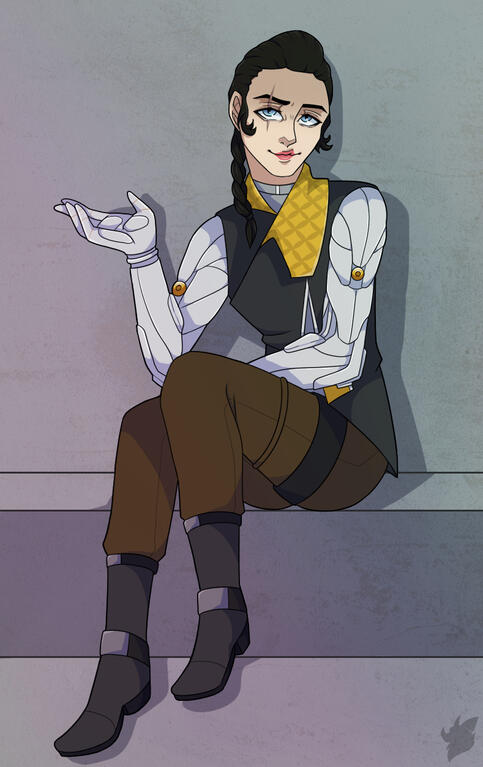 A women with white mechanical arms and drk brown hair sits on a curb. She looks at the viewer with a smirk